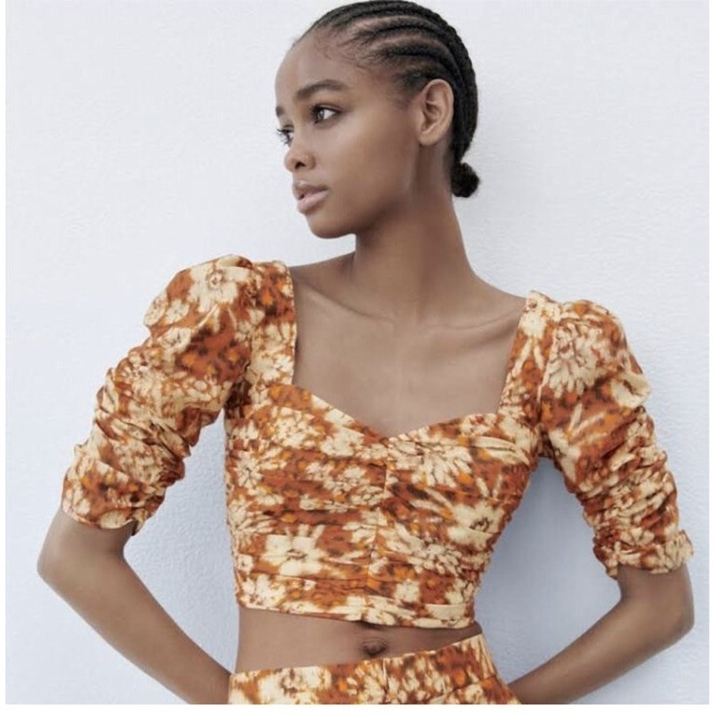 Zara Printed Drape Crop Top Sweet Heart Neck hobo gauzy floral top sz S NWOT